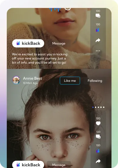 Beakick feed showing photo posts with voice notes, likes, comments and a follow button