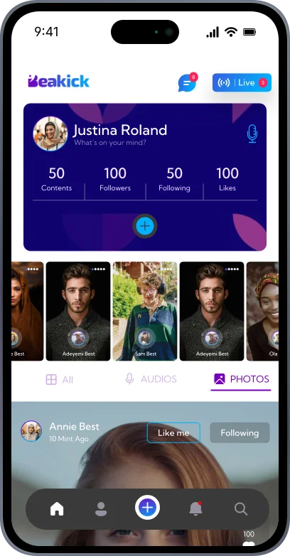 Beakick app showing a profile with followers, voice stories and photo posts